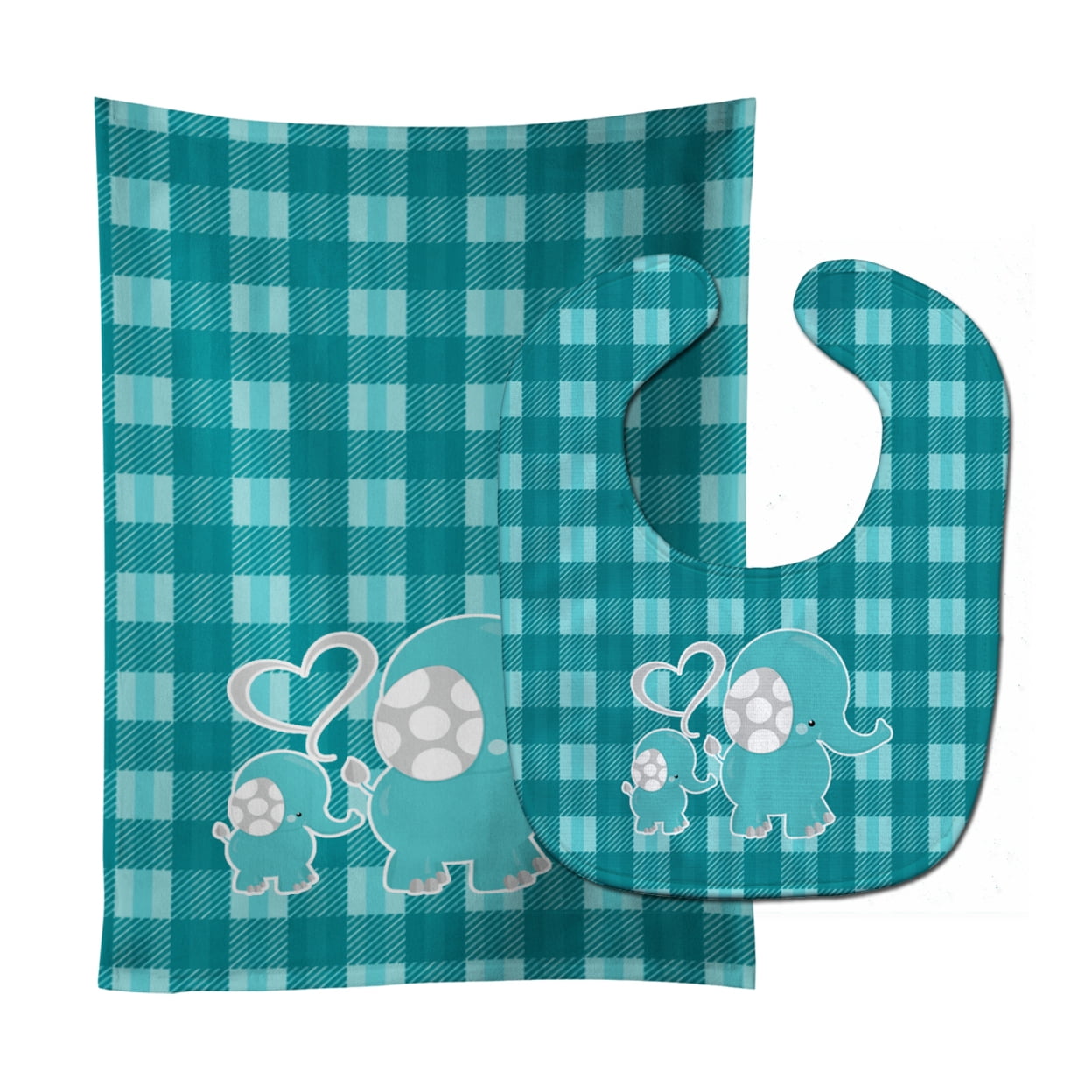 Bb6839stbu Plaid Momma & Baby Elephant Baby Bib & Burp Cloth