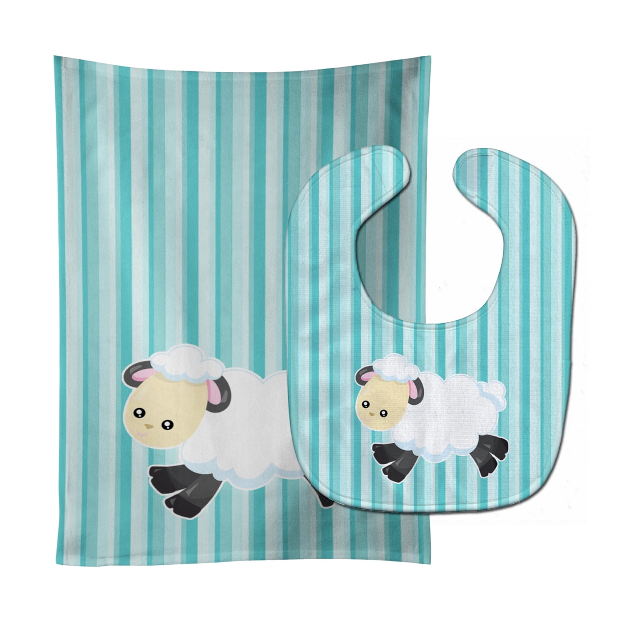 Bb6873stbu Sheep On Blue Stripes Baby Bib & Burp Cloth