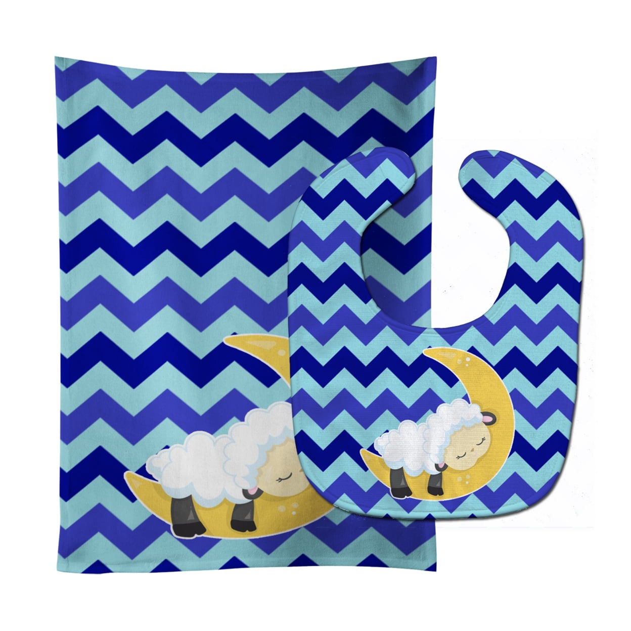 Bb6877stbu Sheep On Moon Chevron Baby Bib & Burp Cloth