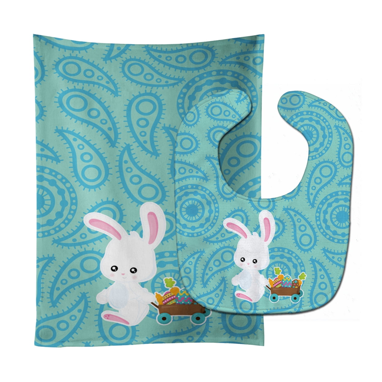 Easter Rabbit Paisley Blue Baby Bib & Burp Cloth