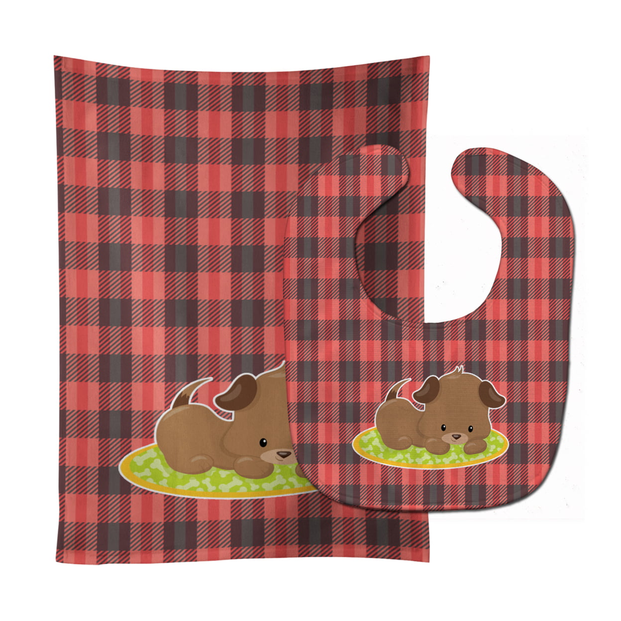 Bb7072stbu Puppy On Black Red Gingham Baby Bib & Burp Cloth