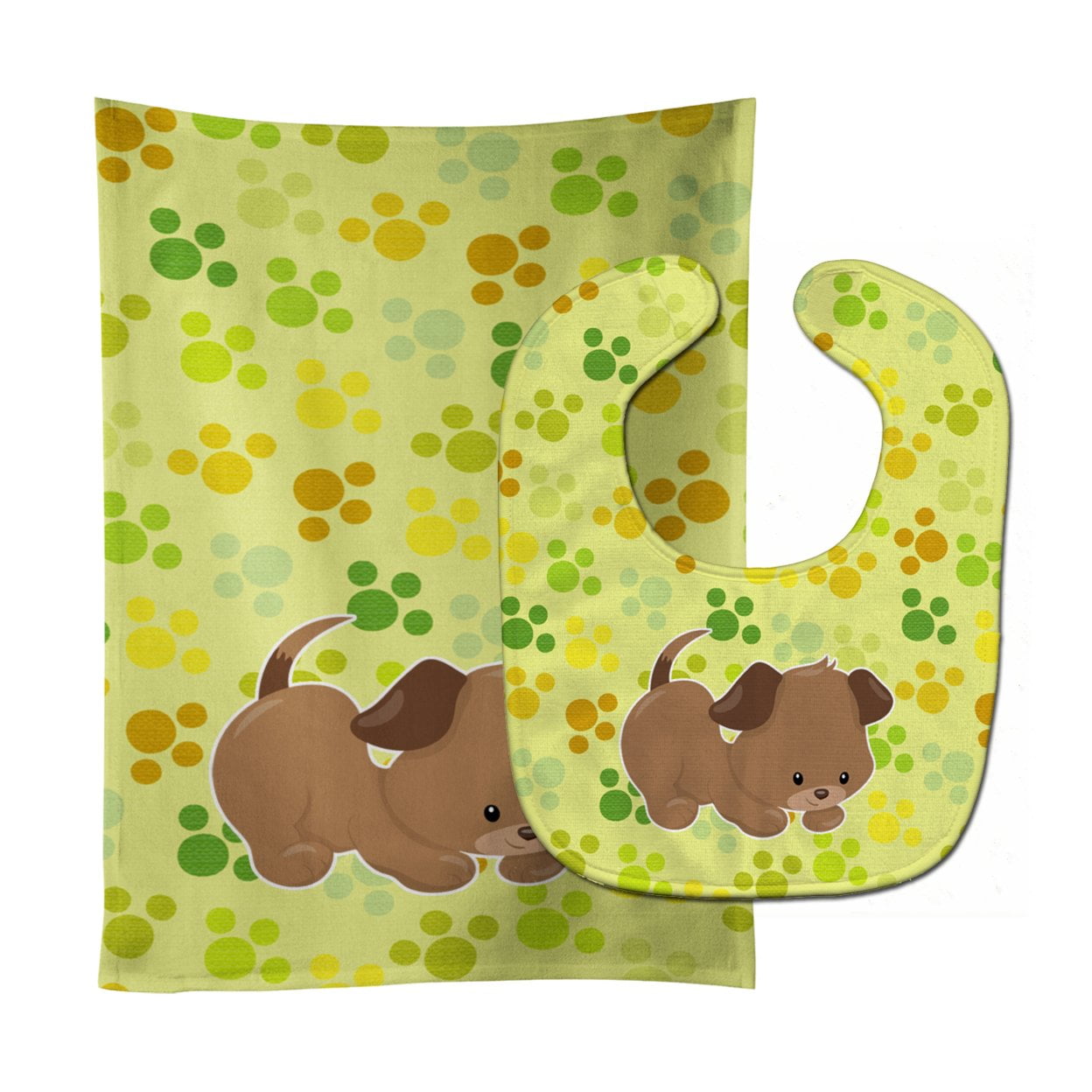 Bb7078stbu Puppy On Green Pawprints Baby Bib & Burp Cloth