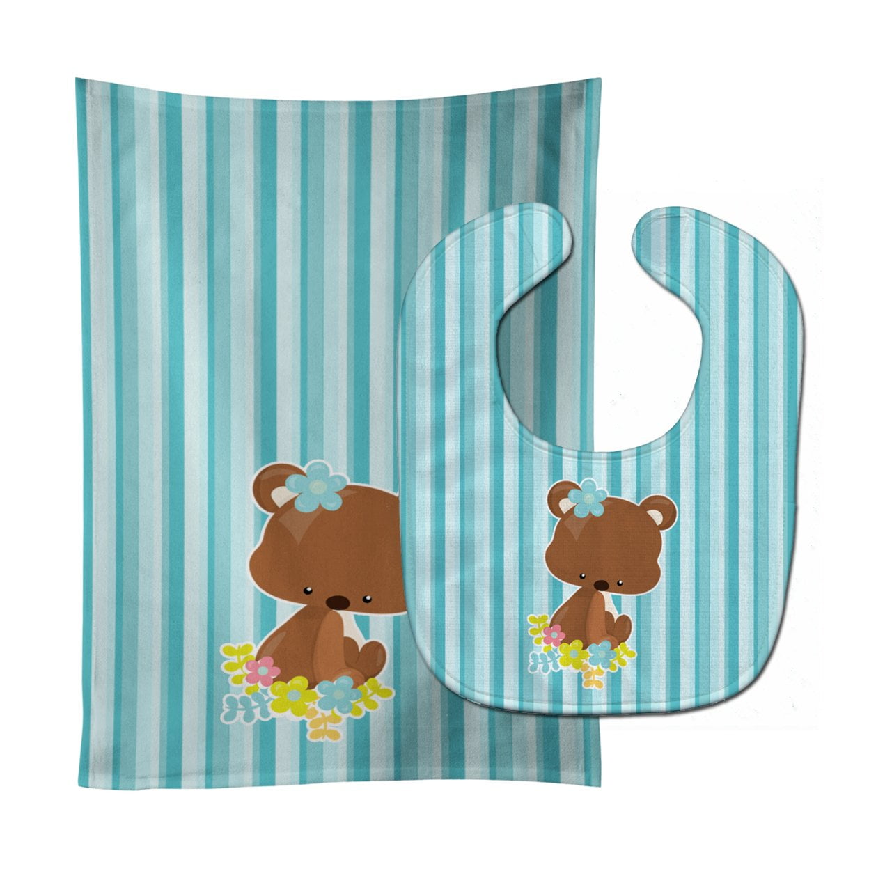 Bb7096stbu Bear With Flowers Baby Bib & Burp Cloth