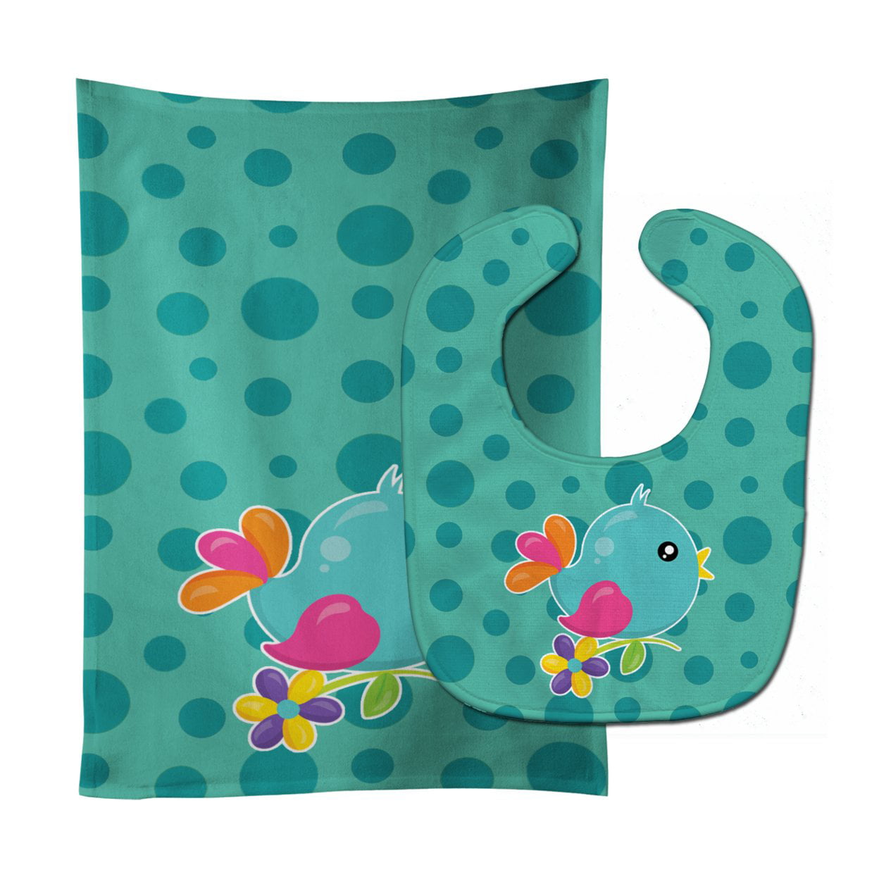 Bb7100stbu Bird On Teal Polkadots Baby Bib & Burp Cloth