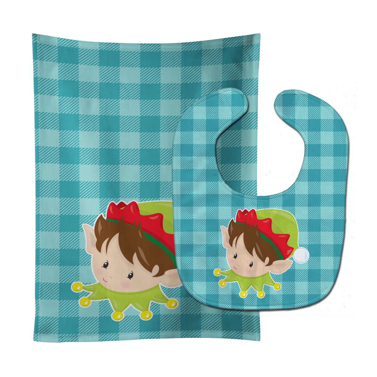 Christmas Brunette Boy Elf Baby Bib & Burp Cloth