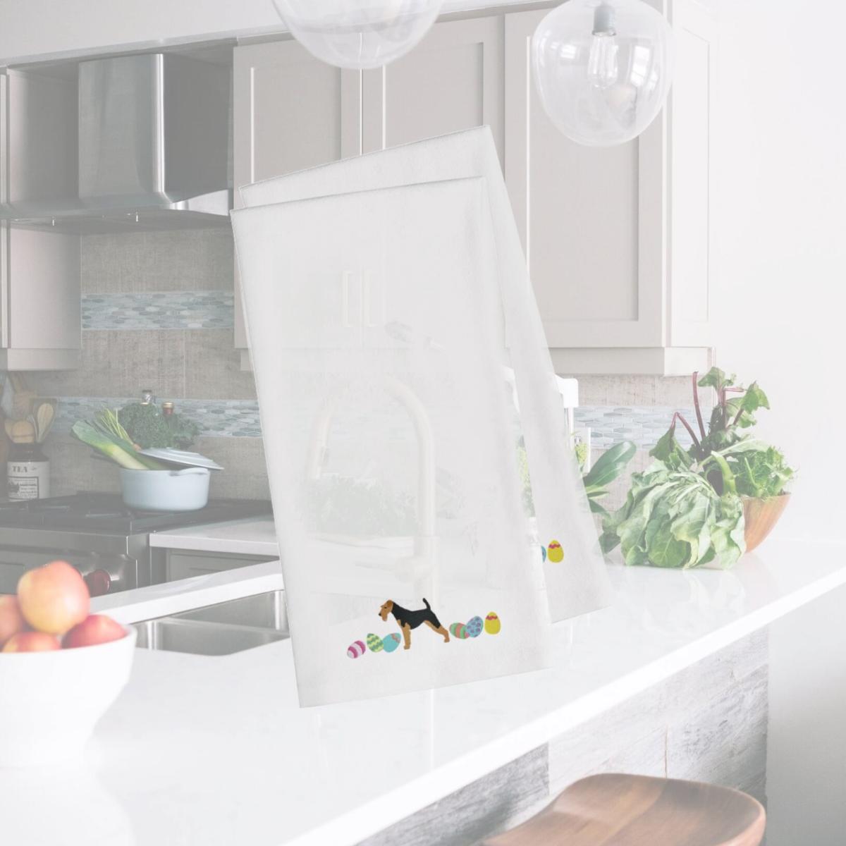 Picture of Carolines Treasures CK1594WHTWE Airedale Terrier Easter White Embroidered Kitchen Towel - Set of 2