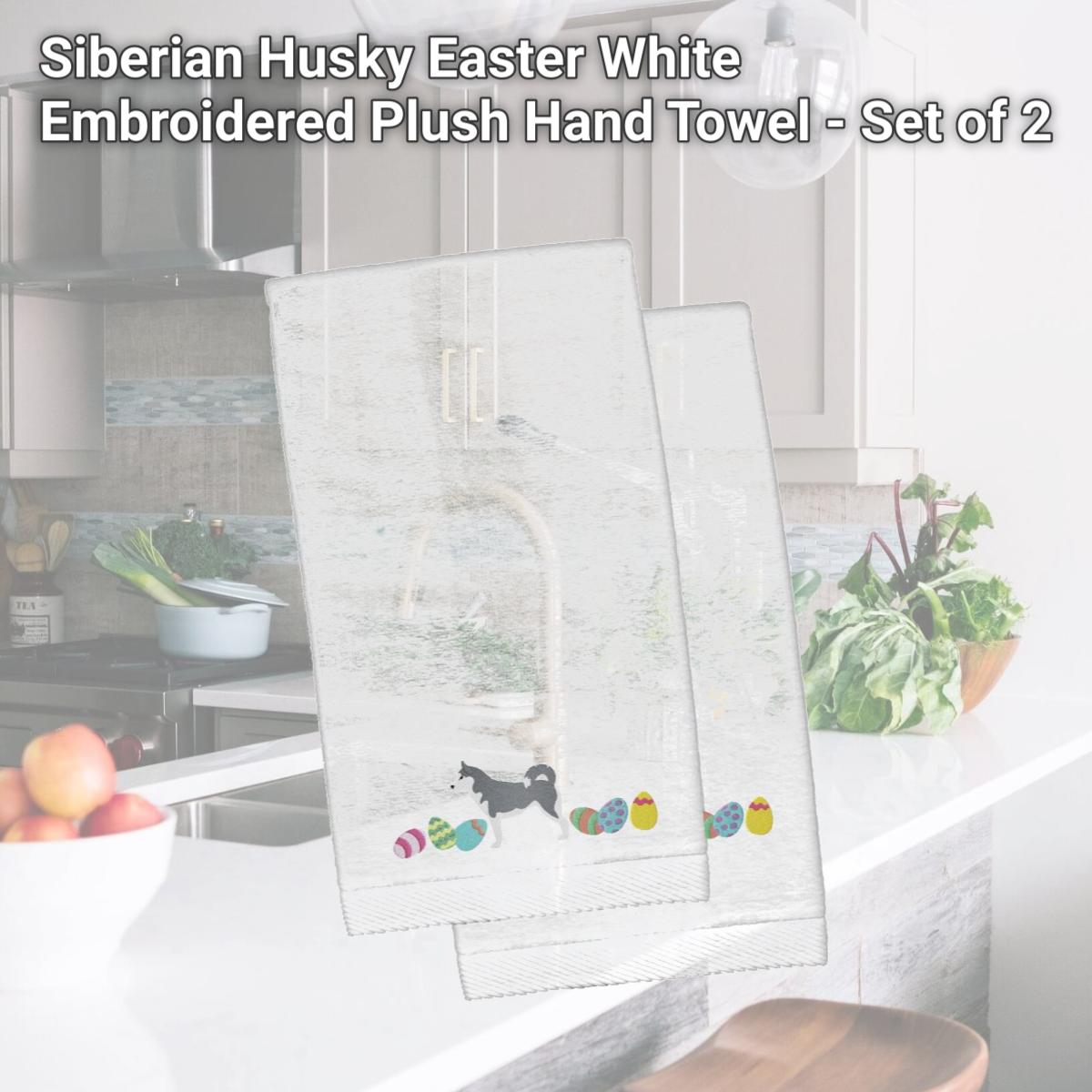 Picture of Carolines Treasures CK1687KTEMB Siberian Husky Easter White Embroidered Plush Hand Towel - Set of 2