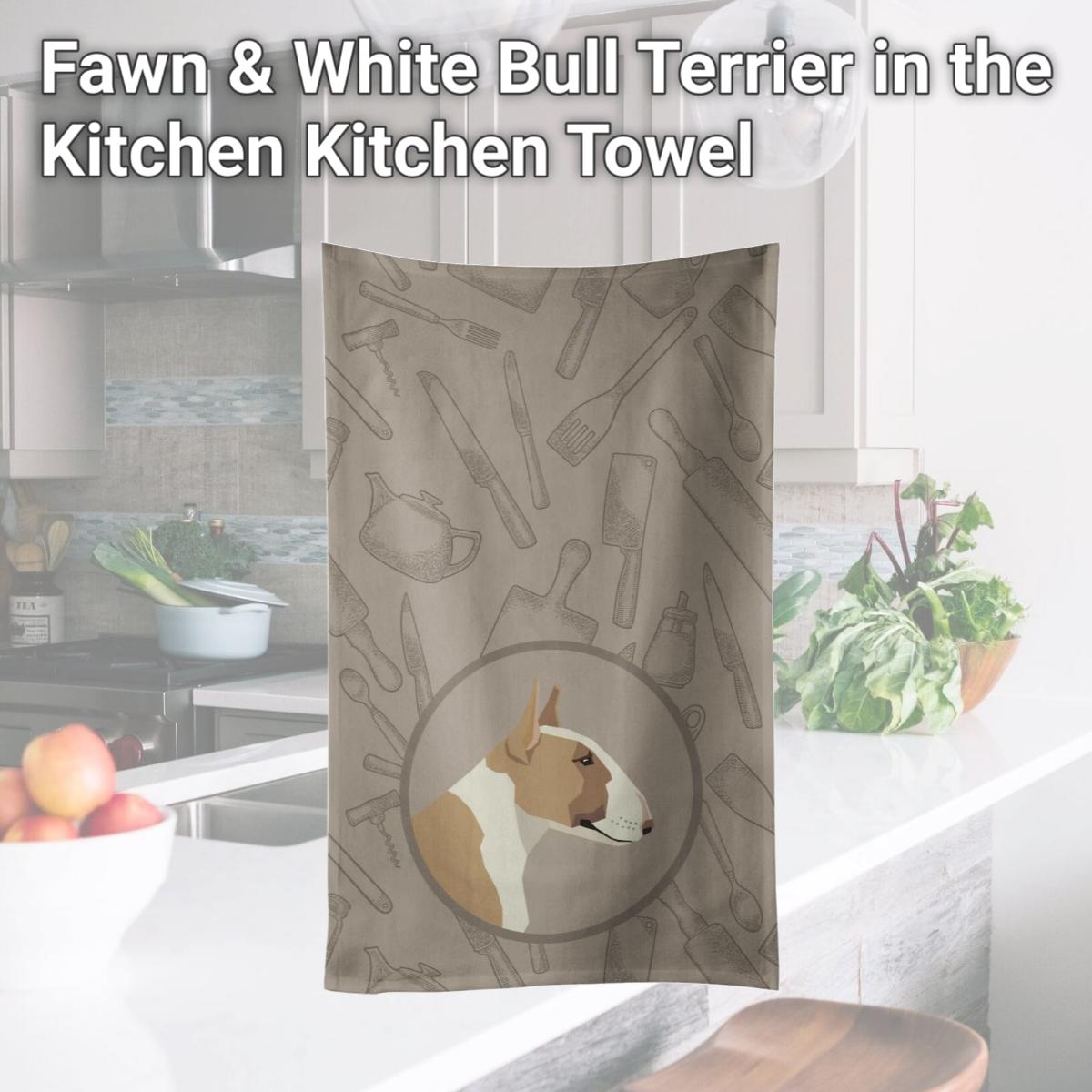 Picture of Carolines Treasures CK2175KTWL Fawn & White Bull Terrier in the Kitchen Kitchen Towel