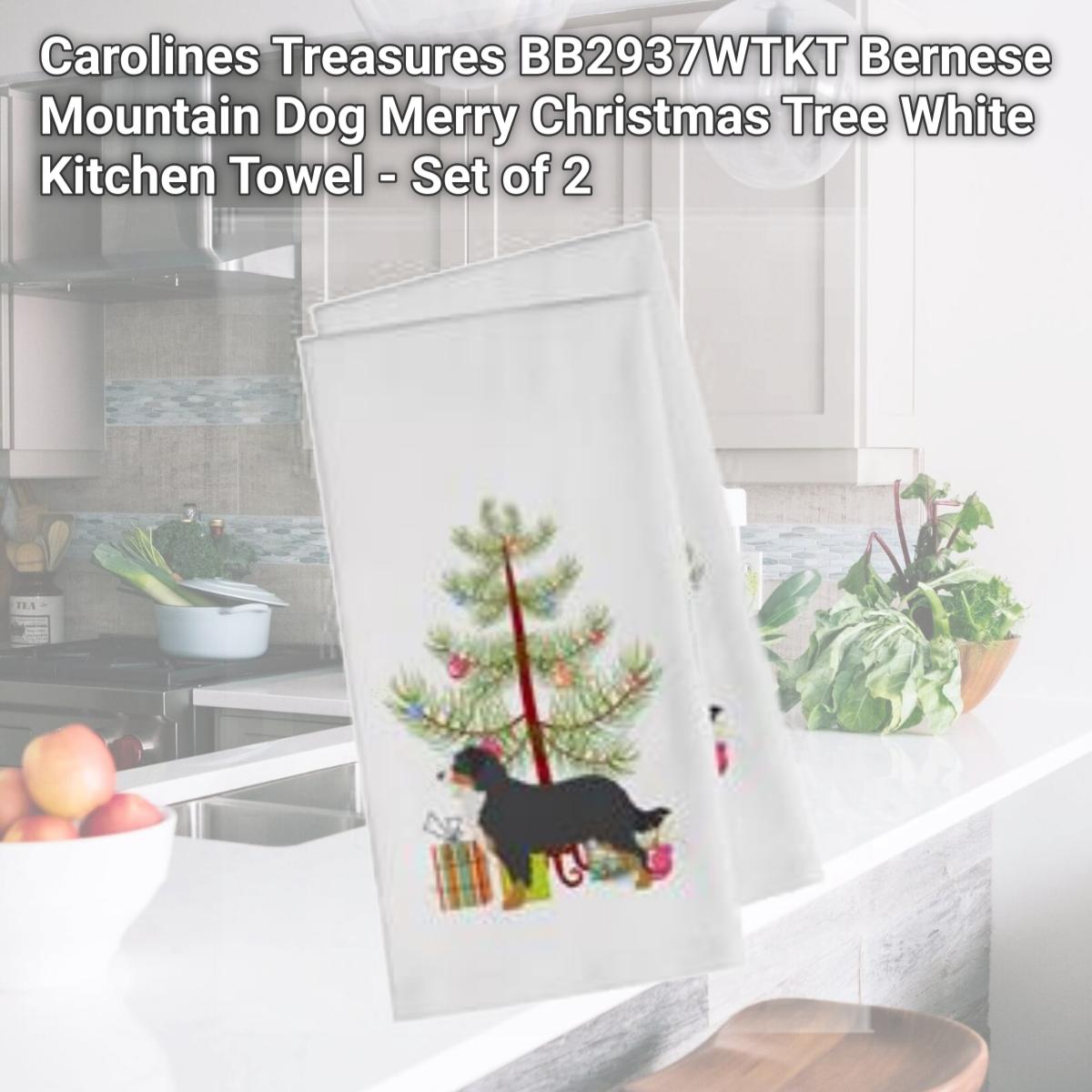 Picture of Carolines Treasures BB2937WTKT Bernese Mountain Dog Merry Christmas Tree White Kitchen Towel - Set of 2