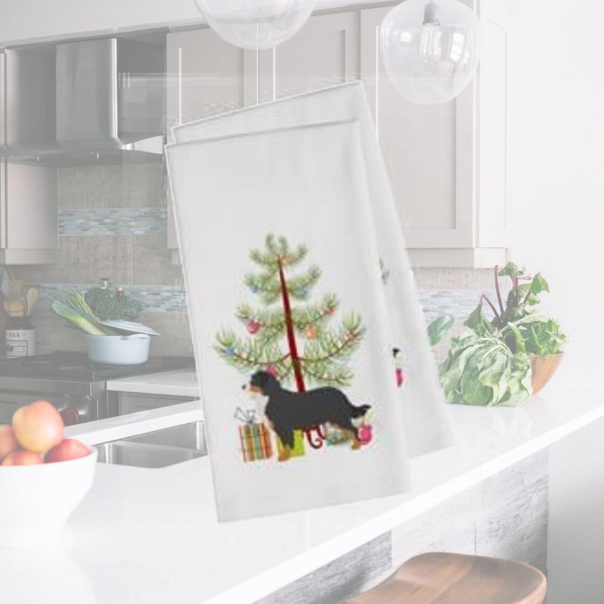 Picture of Carolines Treasures BB2937WTKT Bernese Mountain Dog Merry Christmas Tree White Kitchen Towel - Set of 2