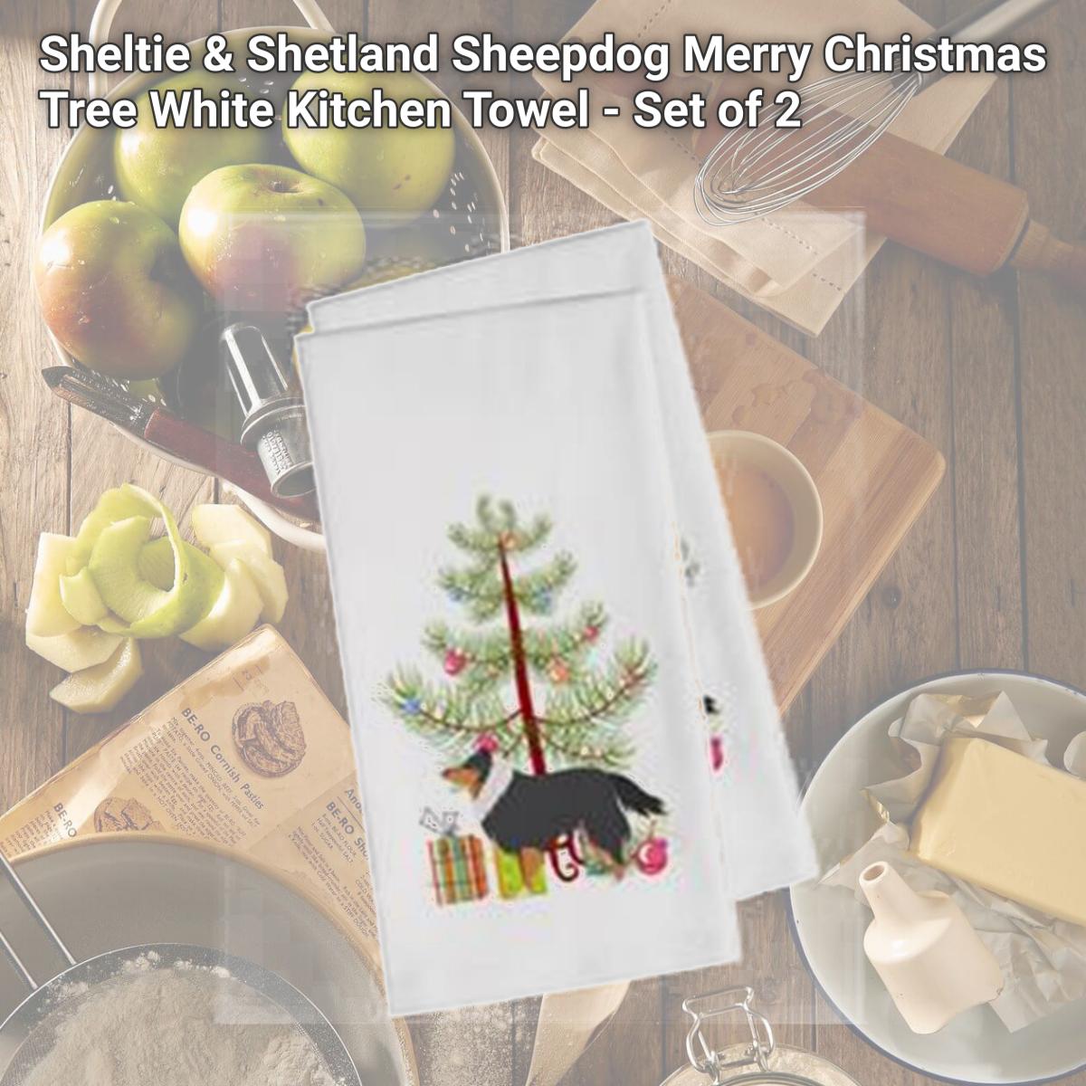 Picture of Carolines Treasures BB2948WTKT Sheltie & Shetland Sheepdog Merry Christmas Tree White Kitchen Towel - Set of 2