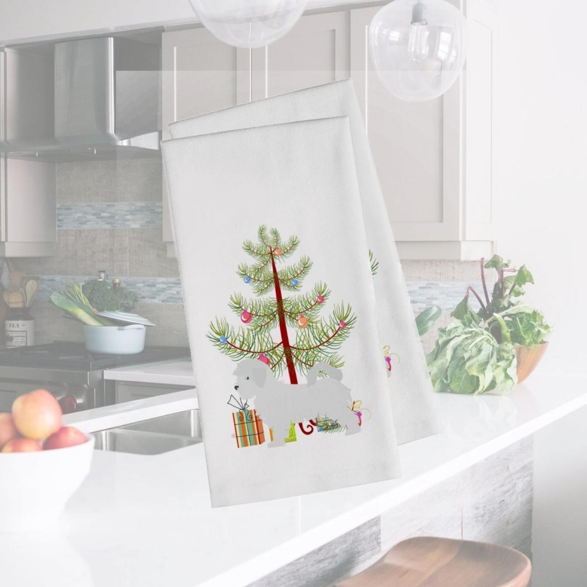Picture of Carolines Treasures BB2954WTKT Maltese Merry Christmas Tree White Kitchen Towel - Set of 2