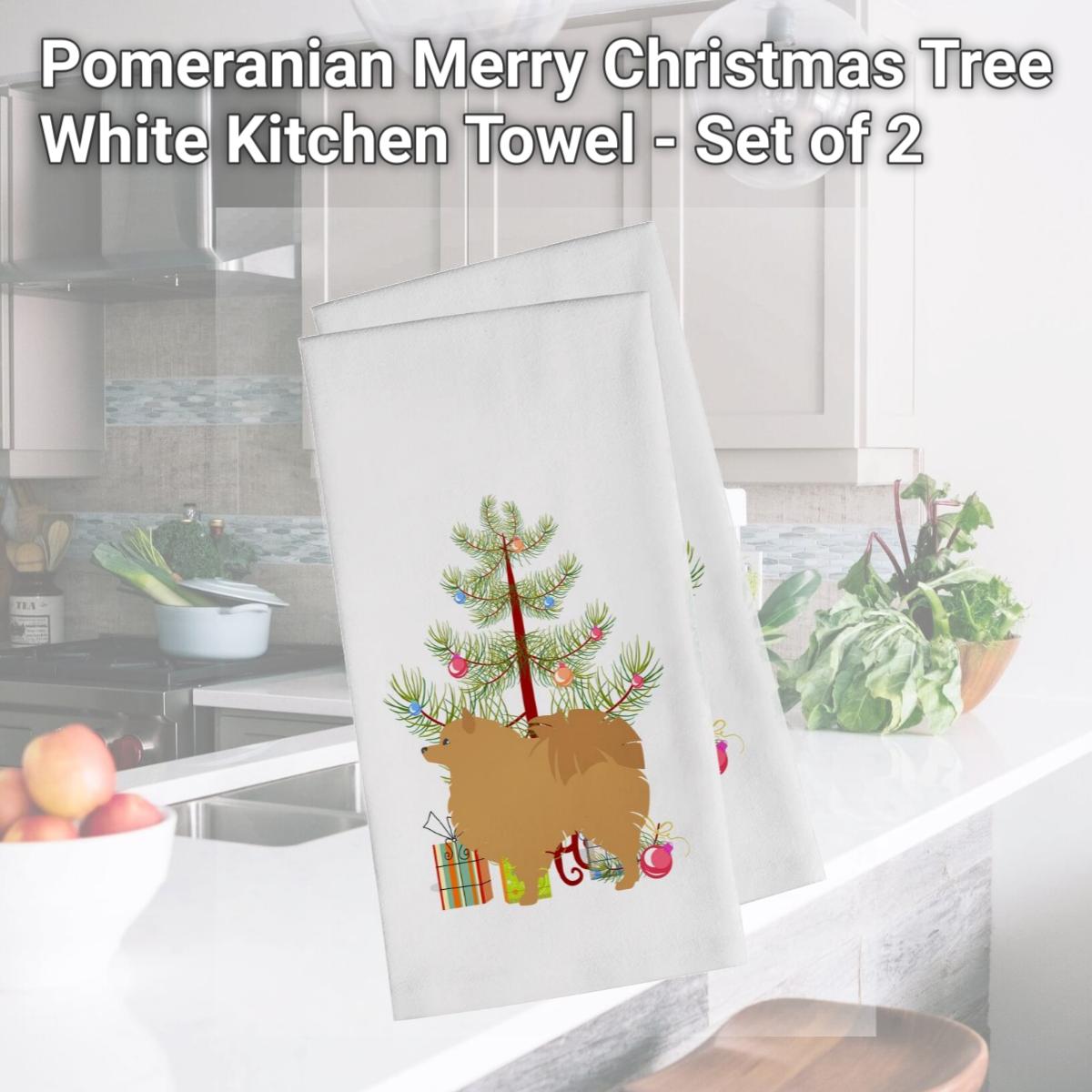 Picture of Carolines Treasures BB2960WTKT Pomeranian Merry Christmas Tree White Kitchen Towel - Set of 2