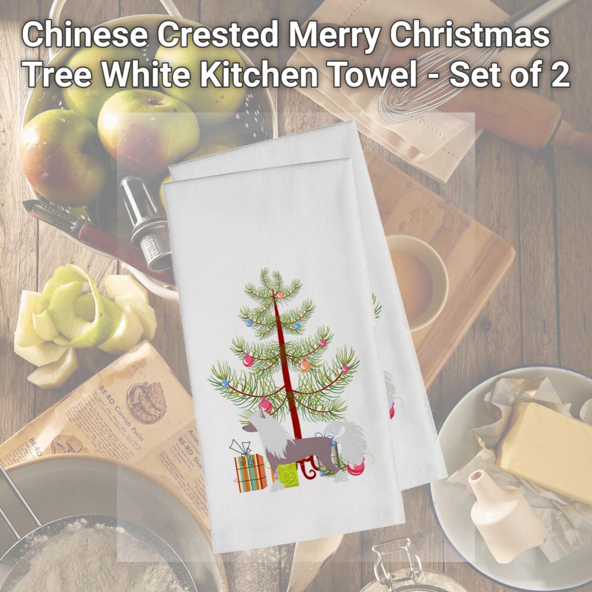 Picture of Carolines Treasures BB2961WTKT Chinese Crested Merry Christmas Tree White Kitchen Towel - Set of 2