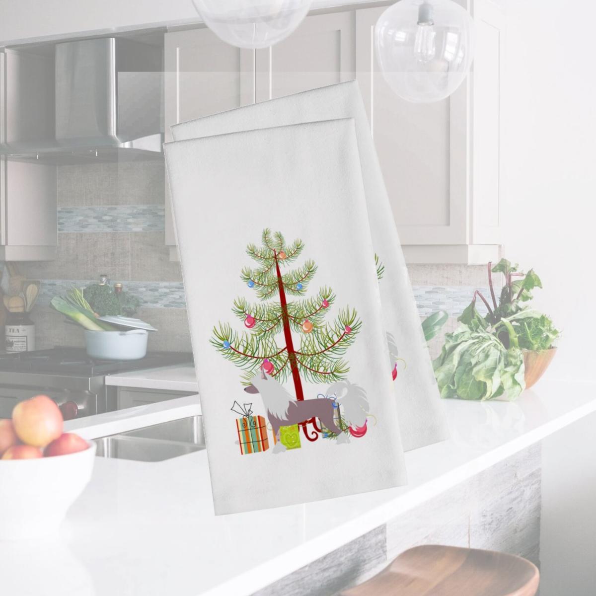 Picture of Carolines Treasures BB2961WTKT Chinese Crested Merry Christmas Tree White Kitchen Towel - Set of 2