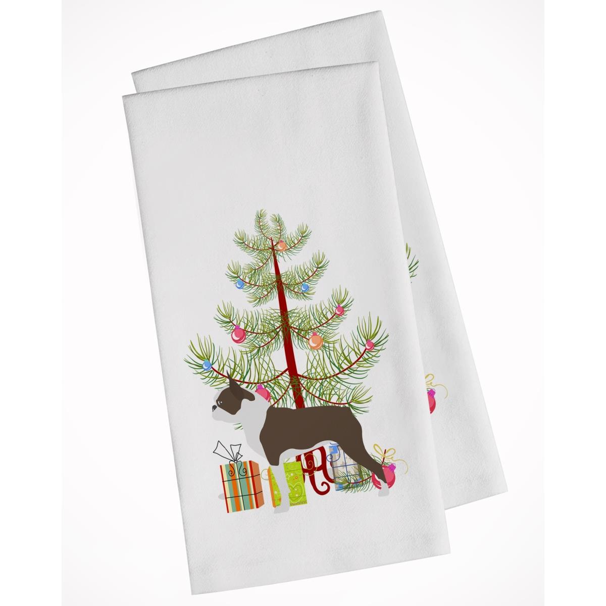 Bb2962wtkt Boston Terrier Merry Christmas Tree White Kitchen Towel - Set Of 2