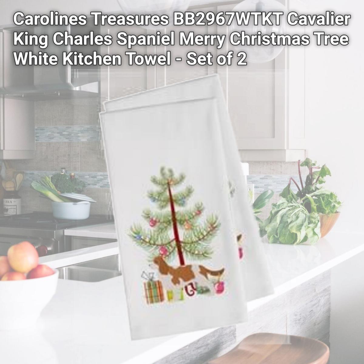 Picture of Carolines Treasures BB2967WTKT Cavalier King Charles Spaniel Merry Christmas Tree White Kitchen Towel - Set of 2