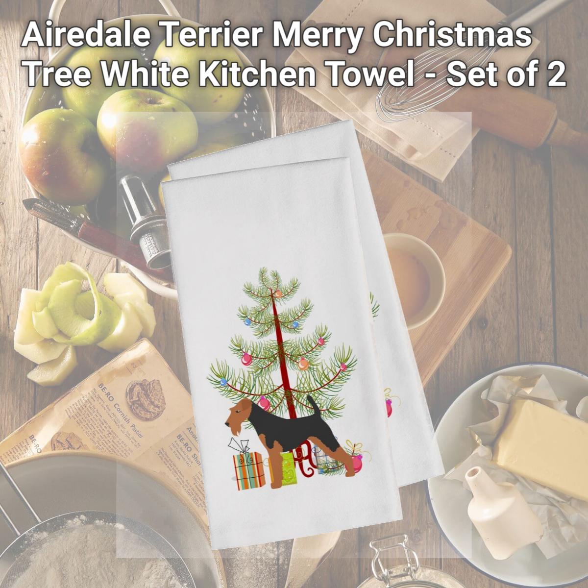 Picture of Carolines Treasures BB2975WTKT Airedale Terrier Merry Christmas Tree White Kitchen Towel - Set of 2