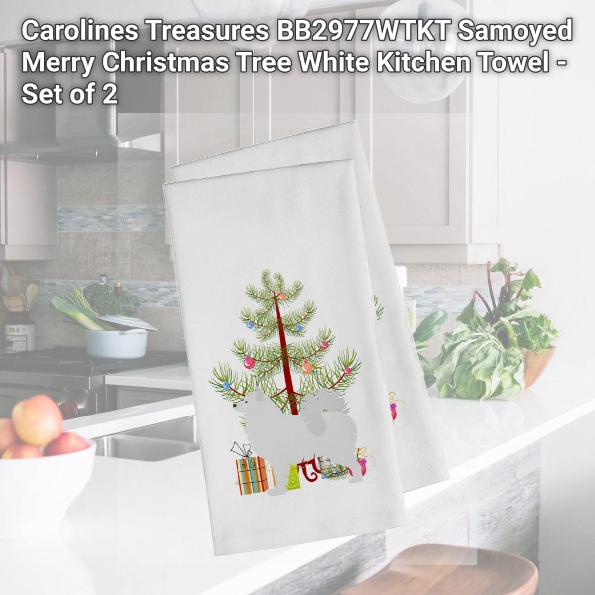 Picture of Carolines Treasures BB2977WTKT Samoyed Merry Christmas Tree White Kitchen Towel - Set of 2