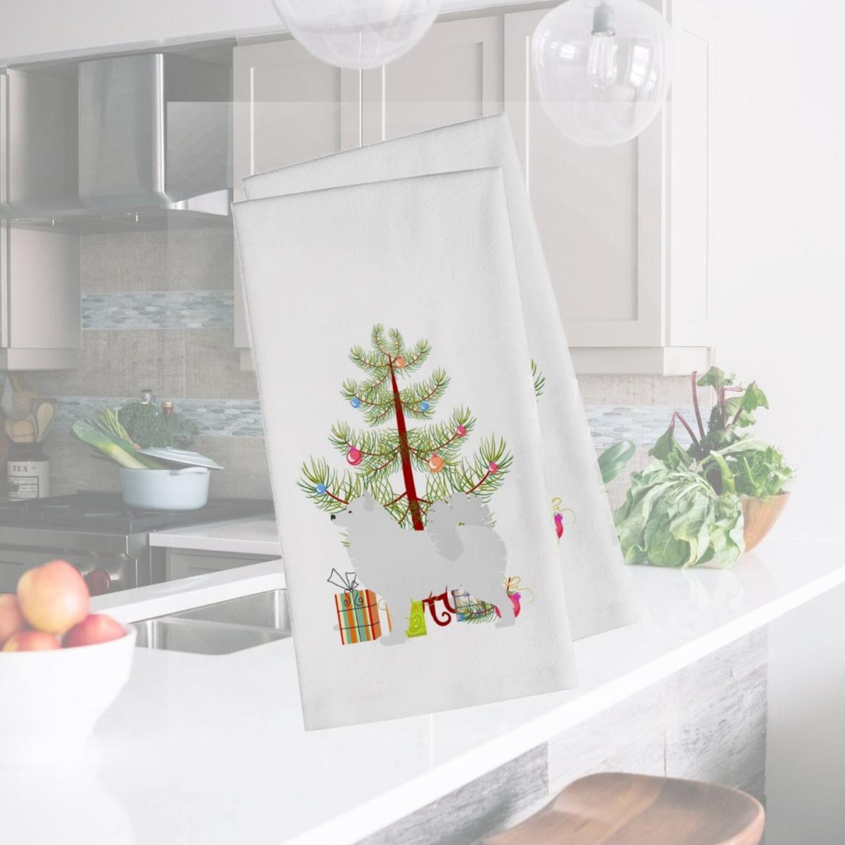 Picture of Carolines Treasures BB2977WTKT Samoyed Merry Christmas Tree White Kitchen Towel - Set of 2