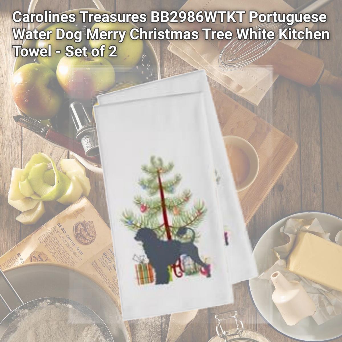 Picture of Carolines Treasures BB2986WTKT Portuguese Water Dog Merry Christmas Tree White Kitchen Towel - Set of 2