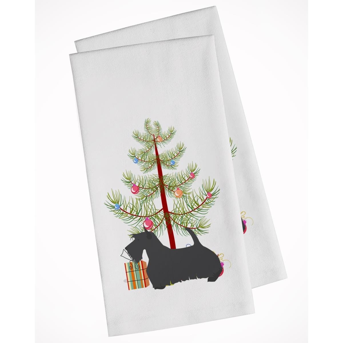 Bb2987wtkt Scottish Terrier Merry Christmas Tree White Kitchen Towel - Set Of 2