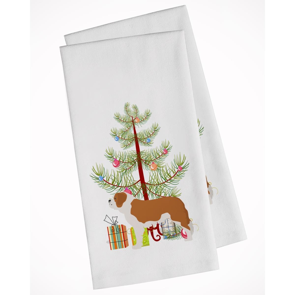 Bb2994wtkt Saint Bernard Merry Christmas Tree White Kitchen Towel - Set Of 2