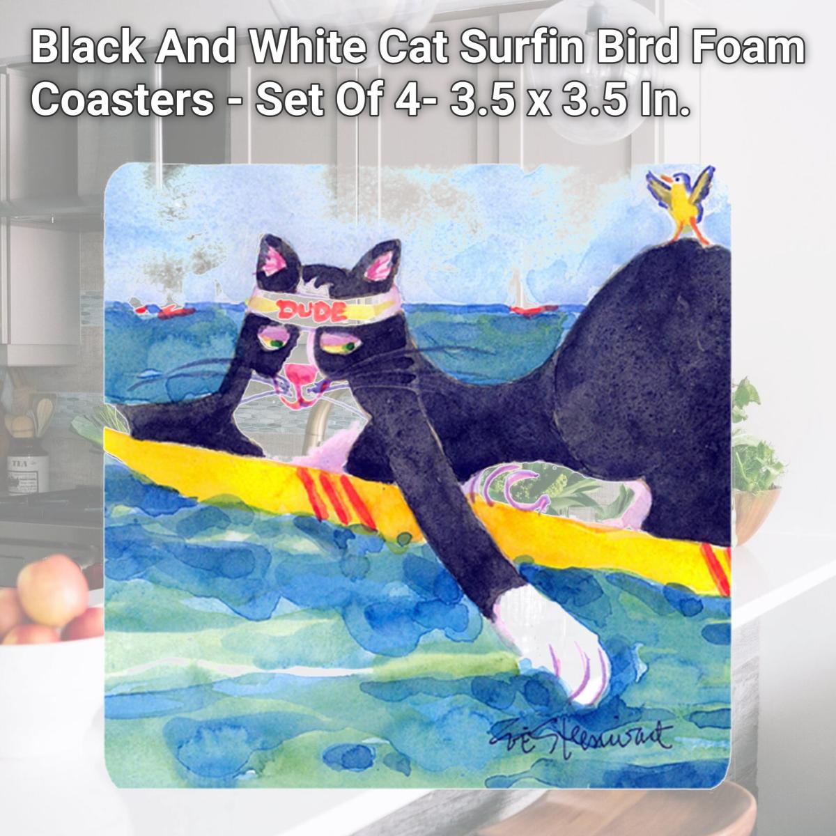 Picture of Carolines Treasures 6051FC Black And White Cat Surfin Bird Foam Coasters - Set Of 4- 3.5 x 3.5 In.