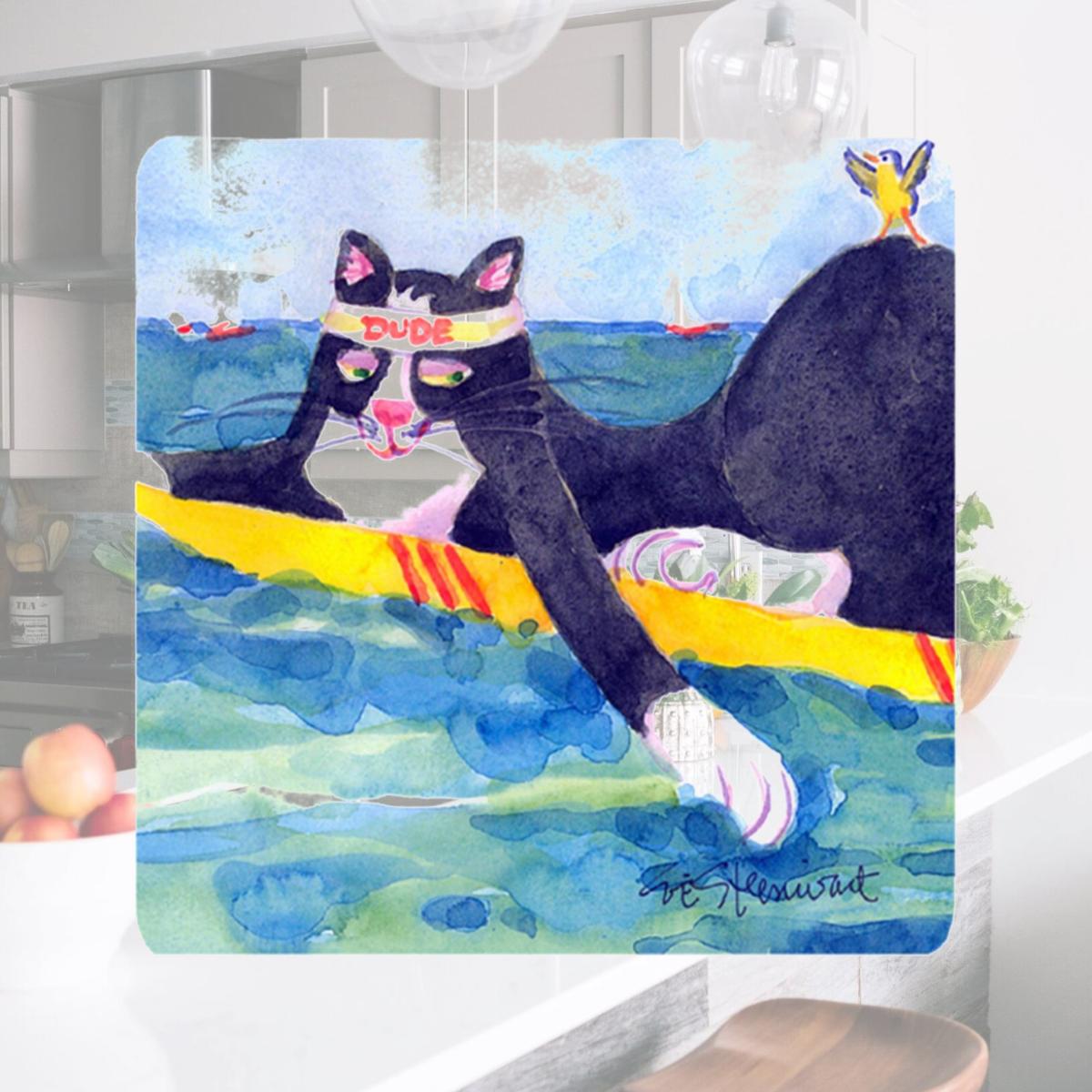 Picture of Carolines Treasures 6051FC Black And White Cat Surfin Bird Foam Coasters - Set Of 4- 3.5 x 3.5 In.