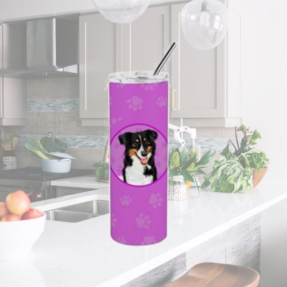 Picture of Carolines Treasures WDK1229TBL20 8.25 x 3 in. Unisex Australian Shepherd Black Tricolor No.3 Stainless Steel 20 oz Skinny Tumbler, Pink