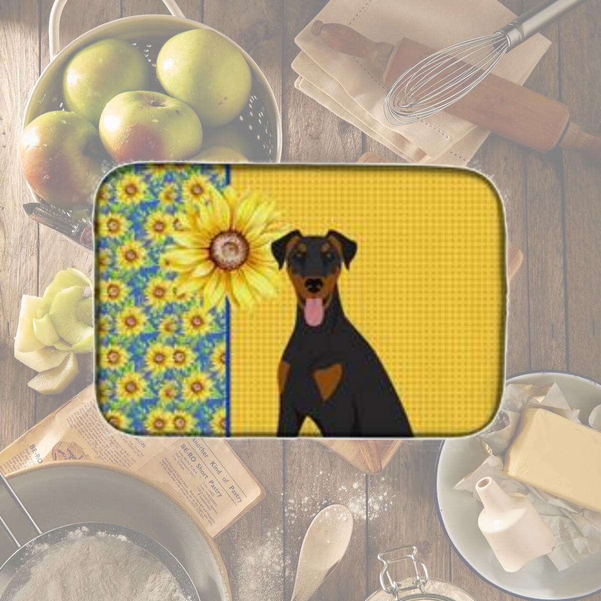 Picture of Carolines Treasures WDK5412DDM 21 x 14 in. Summer Sunflowers Natural Ear Black & Tan Doberman Pinscher Dish Drying Mat