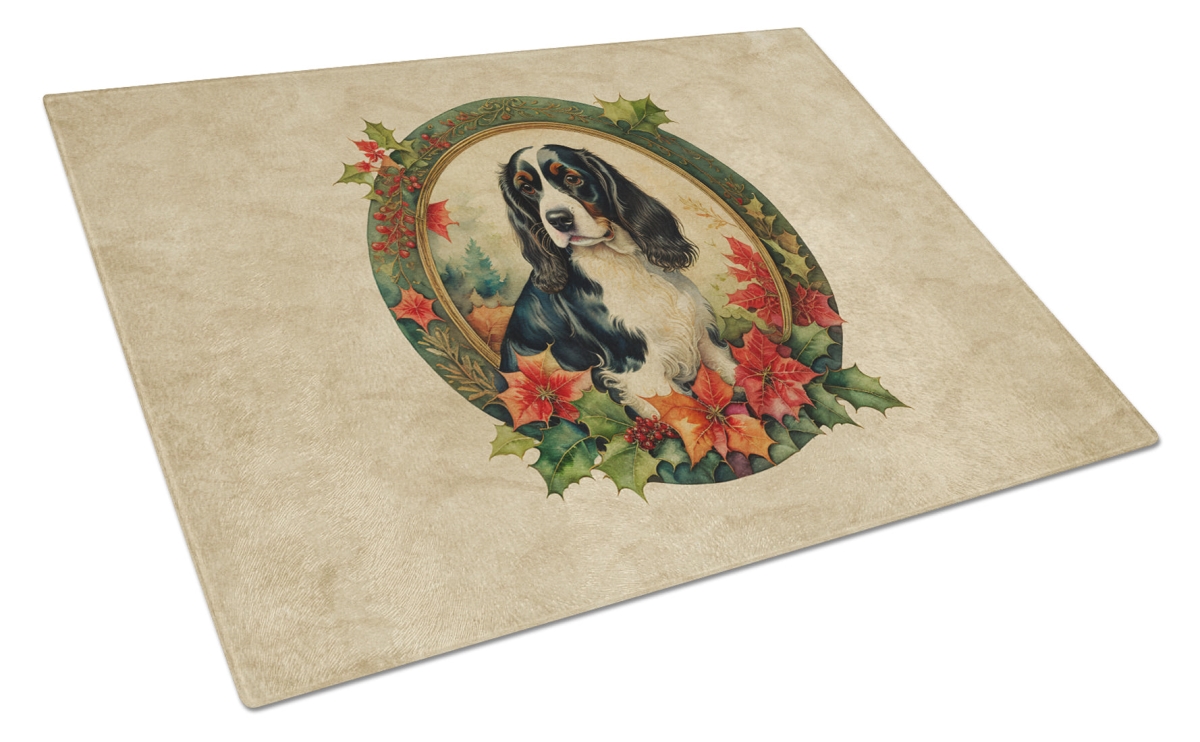 15 x 12 in. Unisex English Springer Spaniel Christmas Flowers Glass Cutting Board