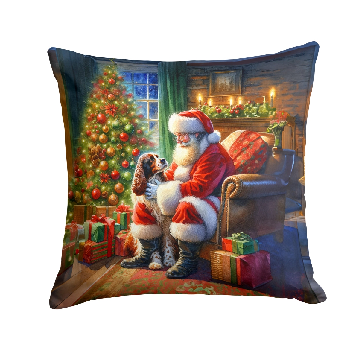 Welsh Springer Spaniel Christmas Throw Pillow - Multicolor - 14 x 14 in. - Water-Resistant Fabric