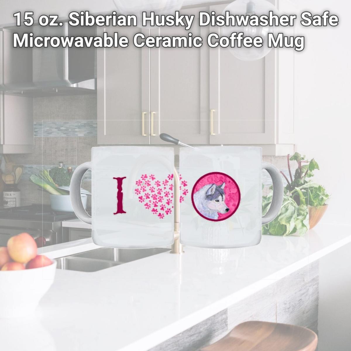 Picture of Carolines Treasures SS4740-PK-CM15 15 oz. Siberian Husky Dishwasher Safe Microwavable Ceramic Coffee Mug