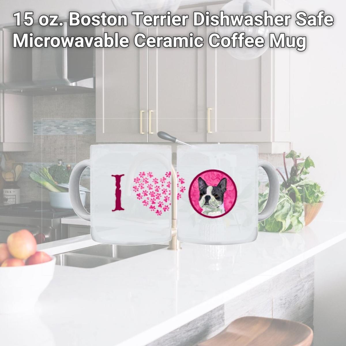 Picture of Carolines Treasures SS4792-PK-CM15 15 oz. Boston Terrier Dishwasher Safe Microwavable Ceramic Coffee Mug