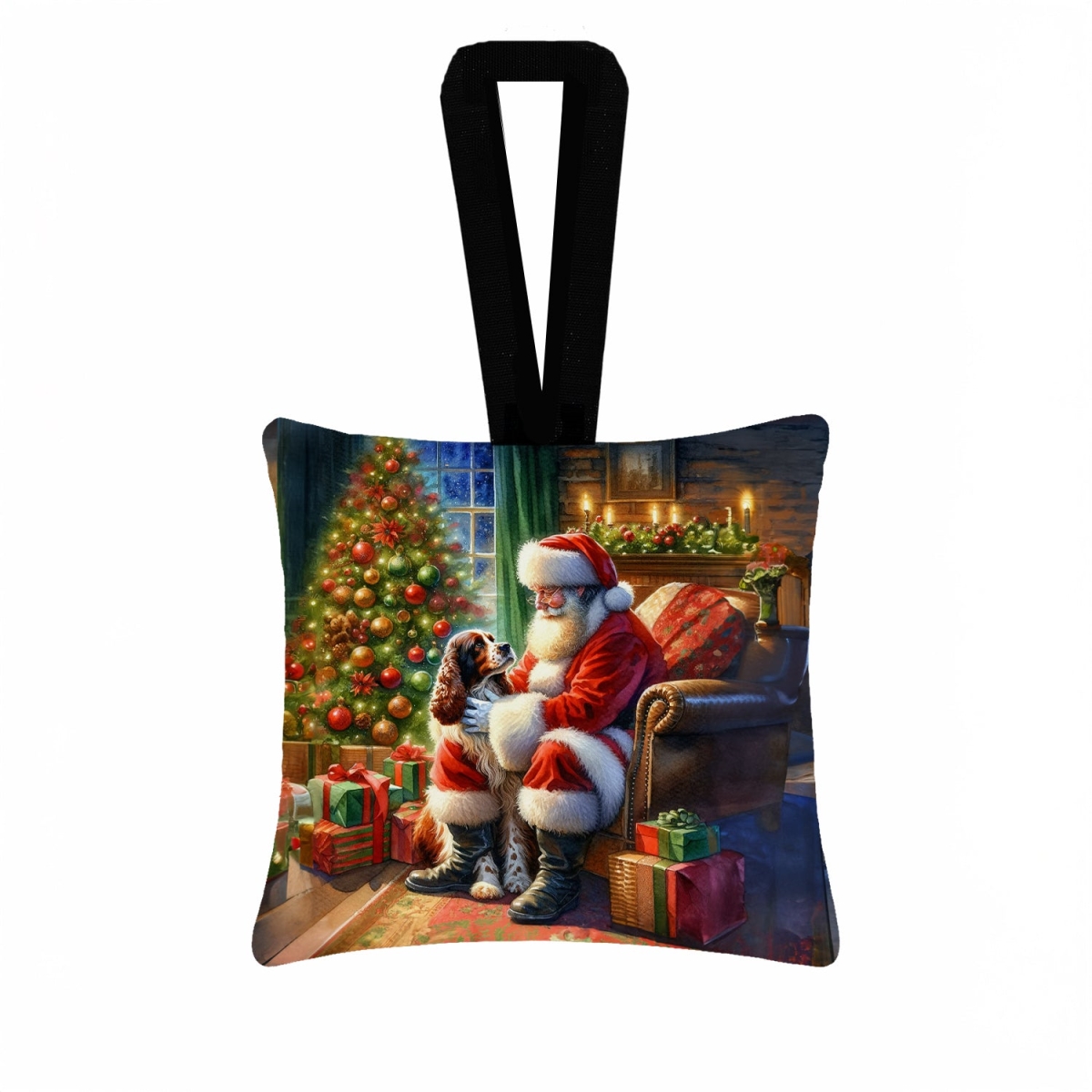 DAC4166PO3 3.5 x 3.5 in. Welsh Springer Spaniel & Santa Claus Hanging Square Fabric Ornament