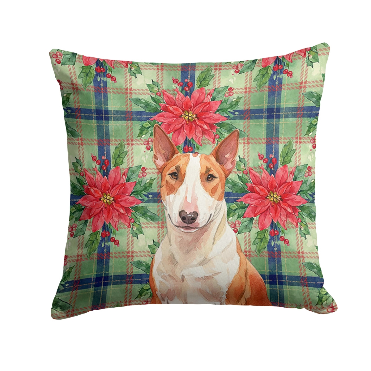 WDK8551PW1818 Unisex Adult Red & White Bull Terrier Christmas Poinsettias Throw Pillow - 18 x 18 in.