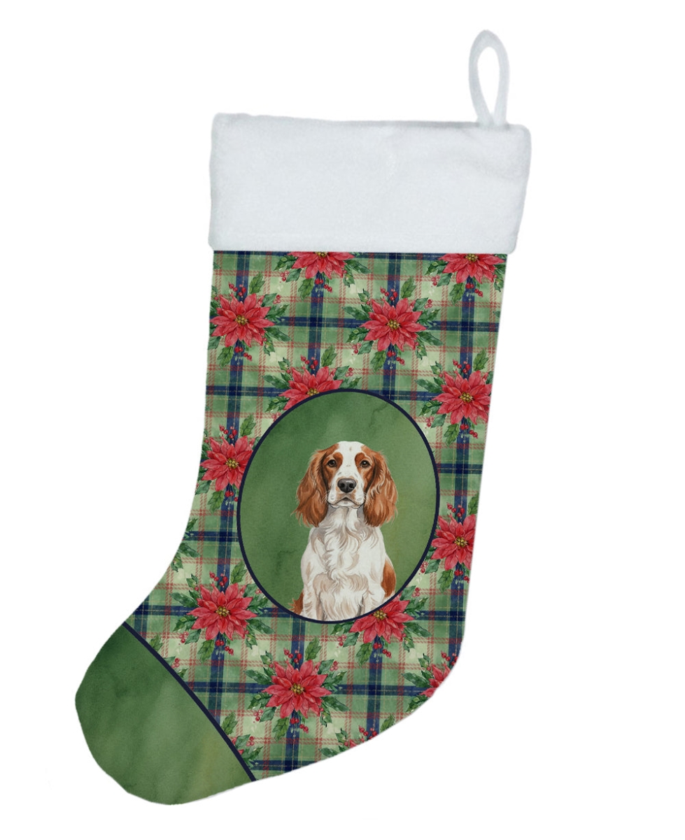WDK8848CS Unisex Adult Welsh Springer Spaniel Christmas Poinsettias Holiday Stocking - 18 x 13.5 in.