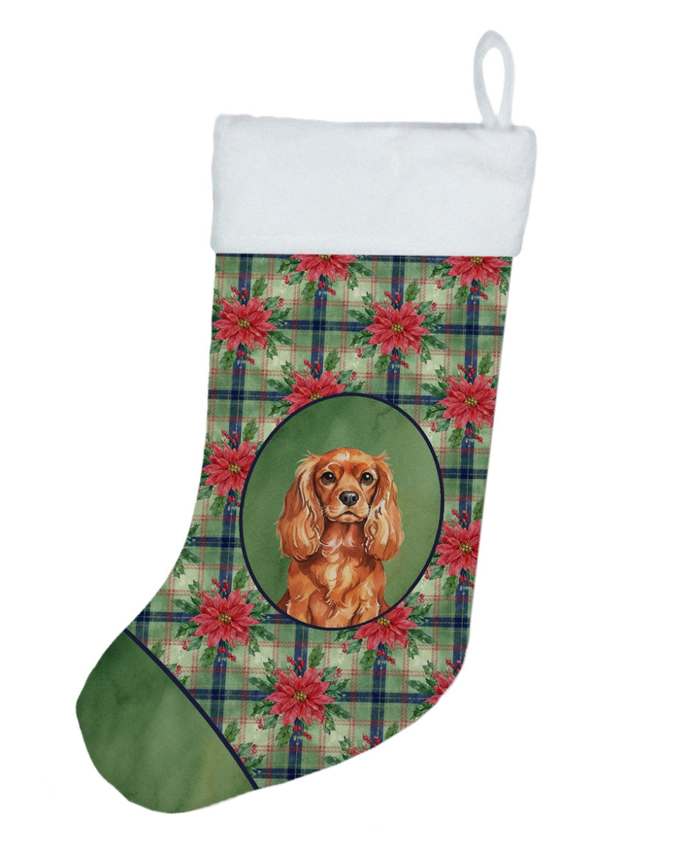 WDK8636CS Unisex Adult Ruby English Toy Spaniel Christmas Poinsettias Holiday Stocking - 18 x 13.5 in.