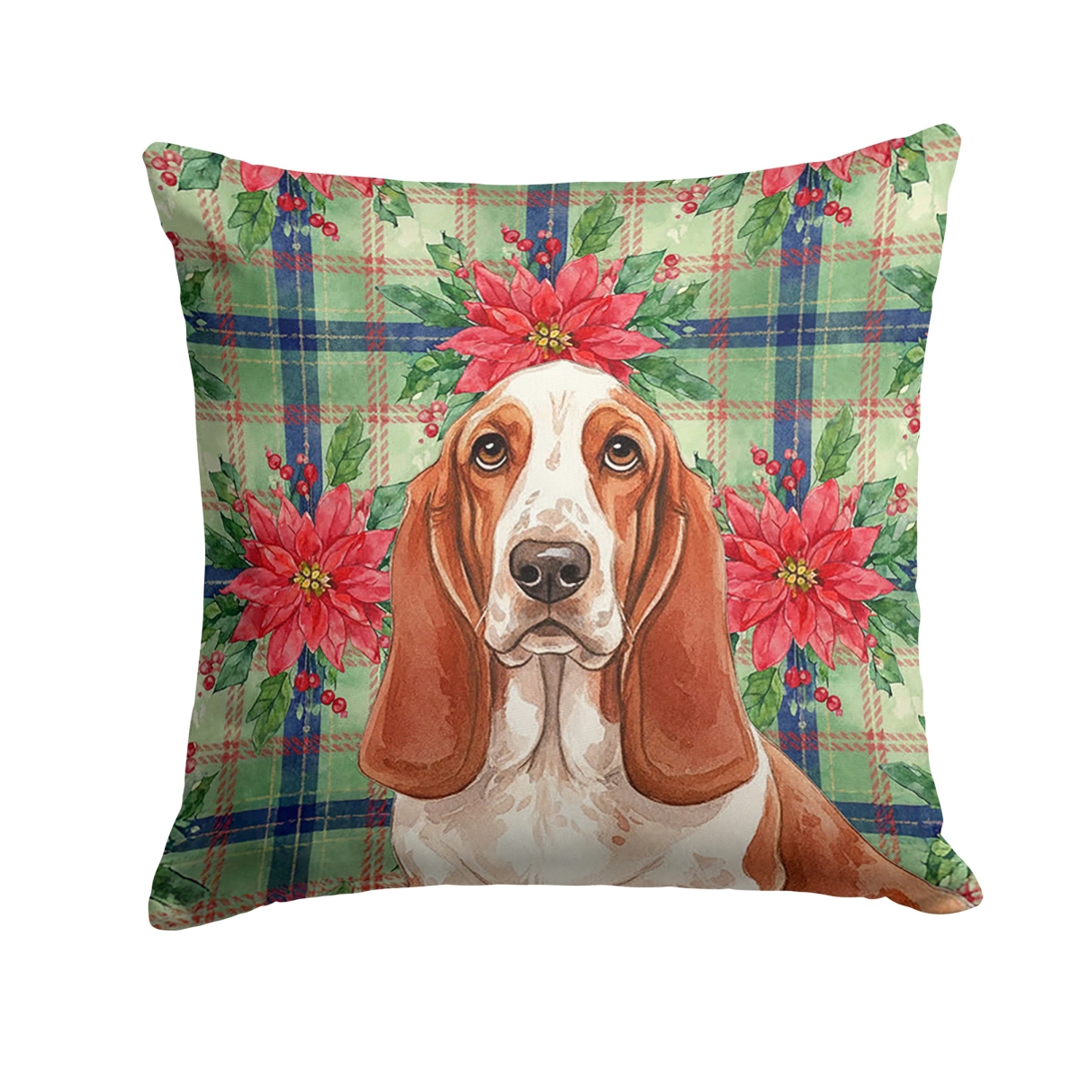 WDK8497PW1818 Unisex Adult Red & White Basset Hound Christmas Poinsettias Throw Pillow - 18 x 18 in.