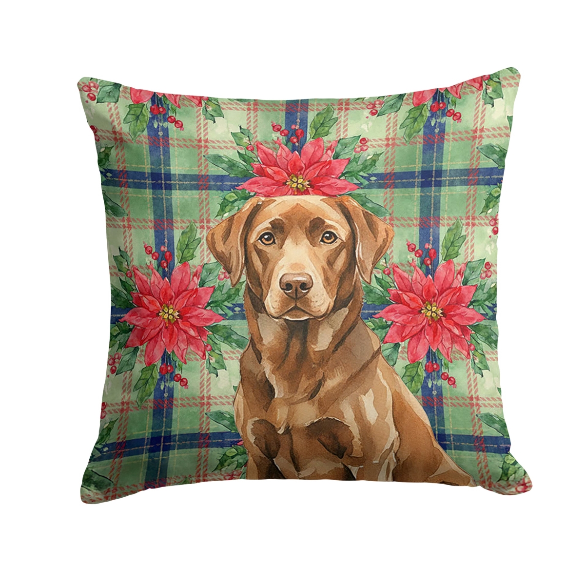 WDK8693PW1818 Unisex Adult Chocolate Labrador Retriever Christmas Poinsettias Throw Pillow - 18 x 18 in.