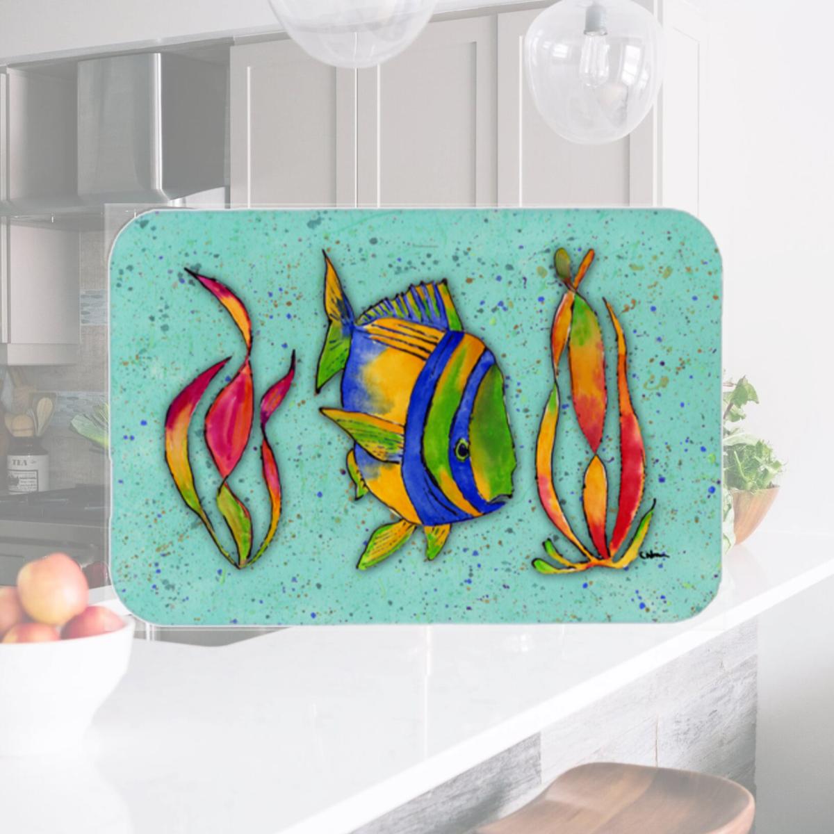 Picture of Carolines Treasures 8569LCB 15 X 12 In. Tropical Fish on Teal Glass Cutting Board Large Size