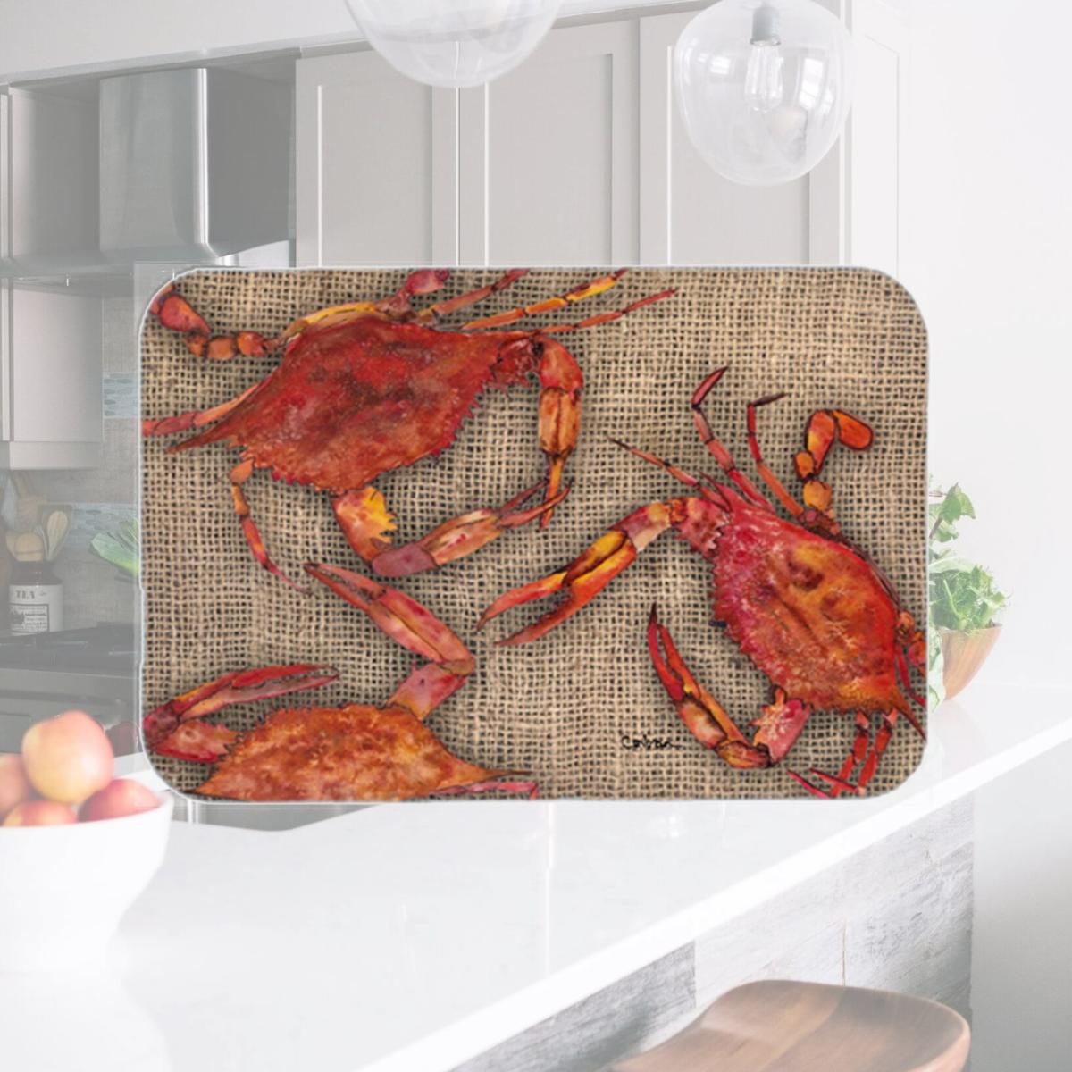 Picture of Carolines Treasures 8742LCB 15 X 12 In. Cooked Crabs on Faux Burlap Glass Cutting Board Large Size