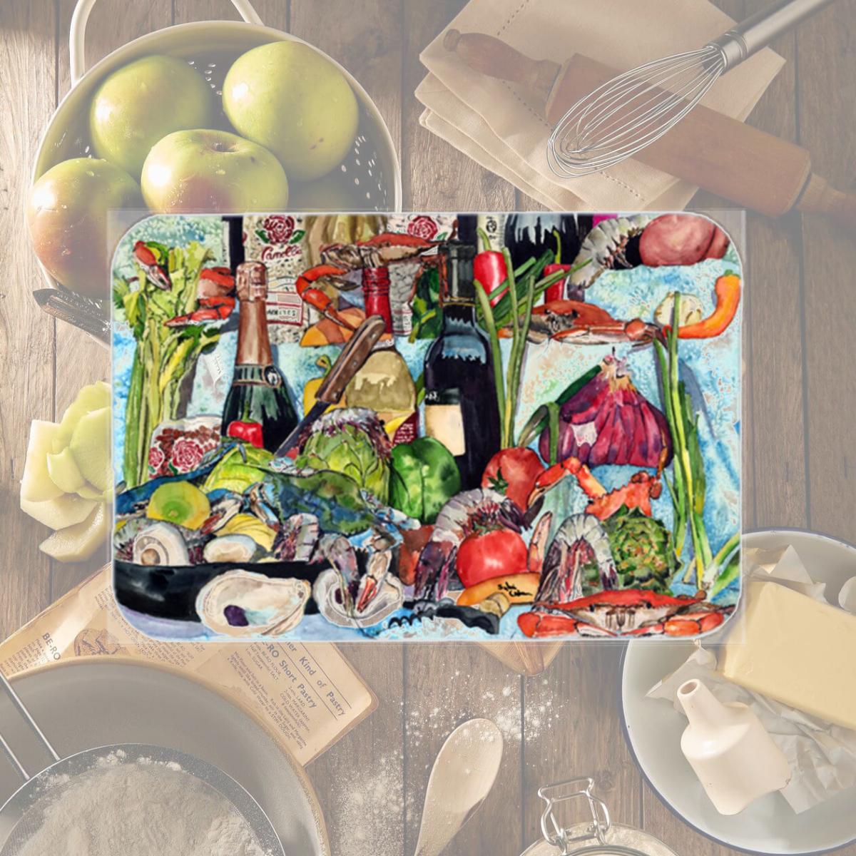 Picture of Carolines Treasures 8915LCB 15 X 12 In. Wine Crab Shrimp and Oysters Glass Cutting Board Large Size