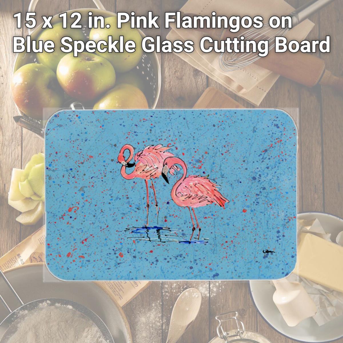 Picture of Carolines Treasures 8566LCB 15 x 12 in. Pink Flamingos on Blue Speckle Glass Cutting Board