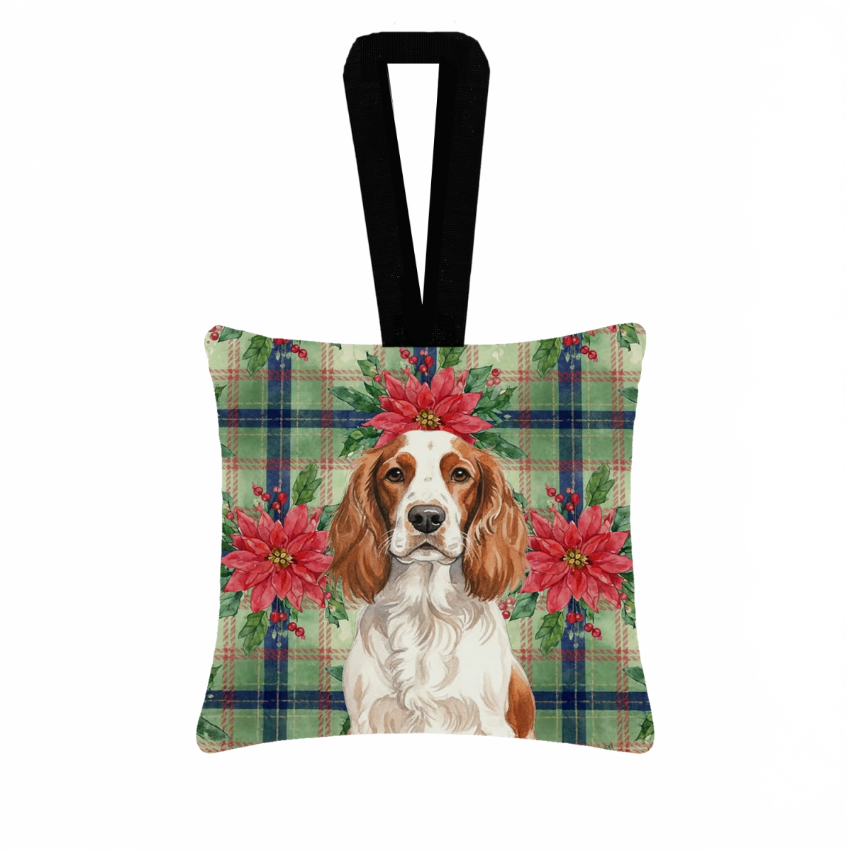 WDK8848PO3 3.5 x 3.5 in. Welsh Springer Spaniel Christmas Poinsettias Hanging Square Fabric Ornament