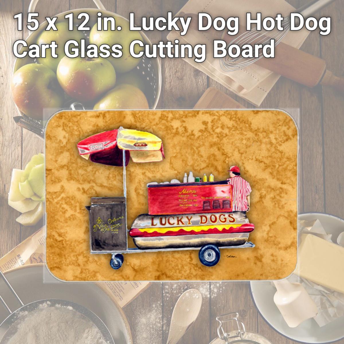 Picture of Carolines Treasures 8781LCB 15 x 12 in. Lucky Dog Hot Dog Cart Glass Cutting Board
