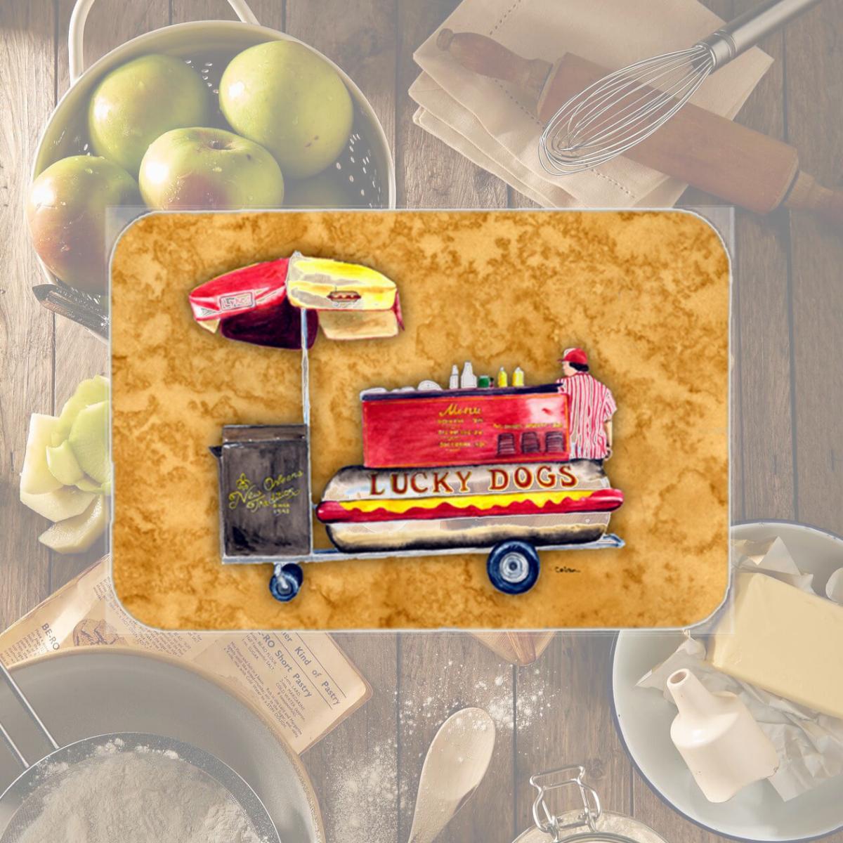 Picture of Carolines Treasures 8781LCB 15 x 12 in. Lucky Dog Hot Dog Cart Glass Cutting Board