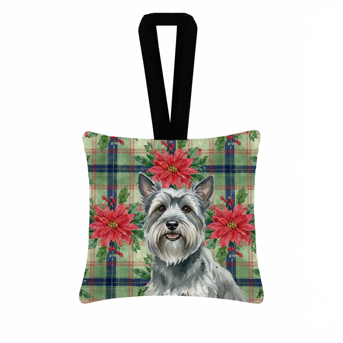 WDK8824PO3 3.5 x 3.5 in. Gray Skye Terrier Christmas Poinsettias Hanging Square Fabric Ornament