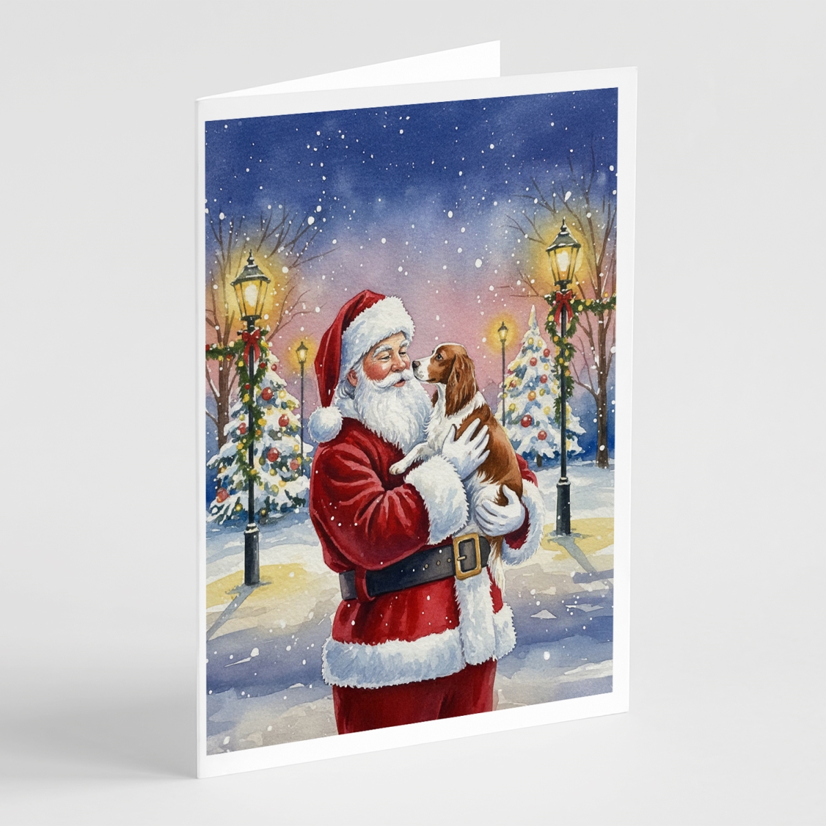 FNT1086GCA7P 5 x 7 in. Welsh Springer Spaniel with Santa Claus Greeting Cards, Pack of 8
